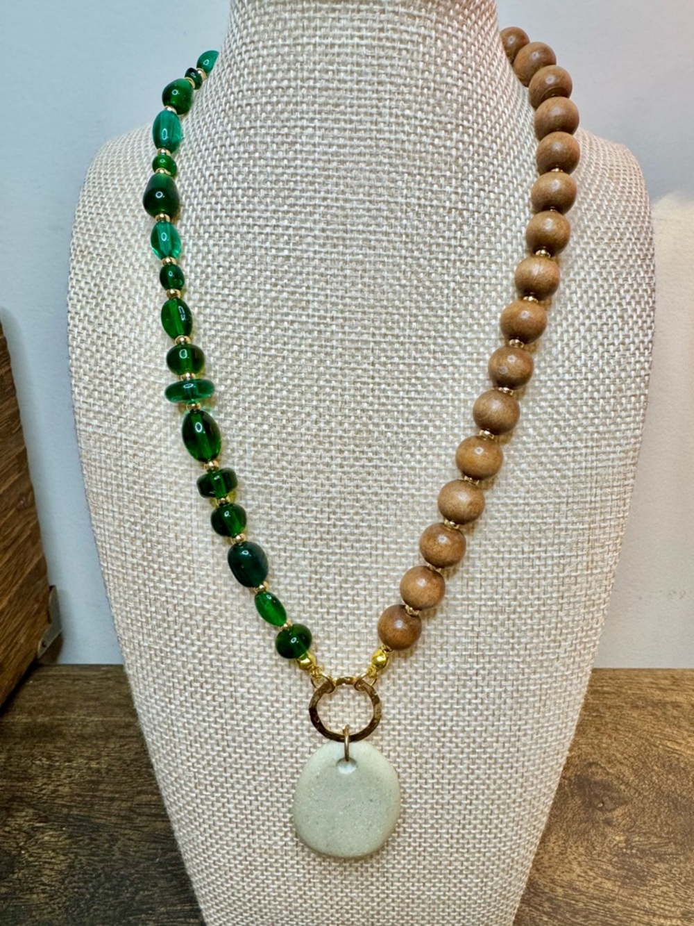 Handmade Green Glass and Wood Bead Stone Pendant Necklace